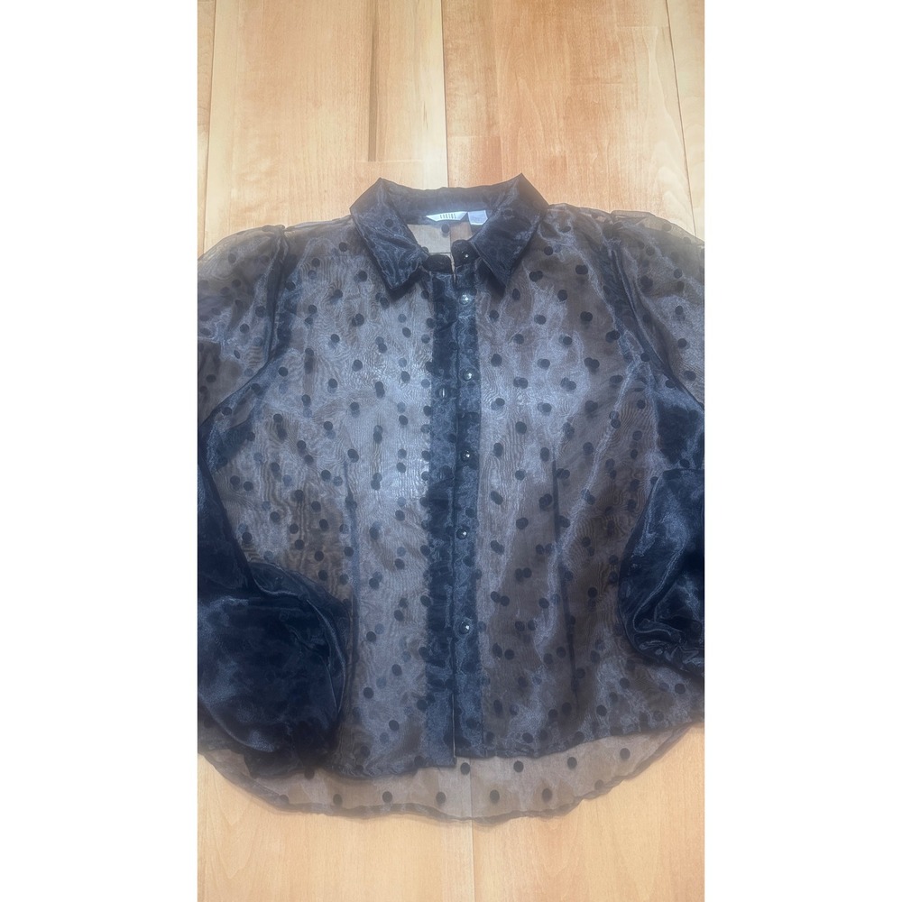 Kaktus Black Sheer Polka Dot Organza Blouse Velvet Trim Puff Sleeve Large